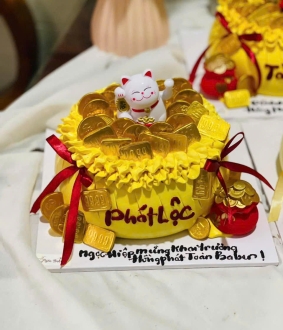 Bánh kem hủ vàng khai trương , bánh kem thần tài