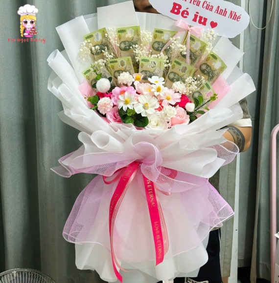 Mẫu hoa tiền 100k mix với hoa sáp 