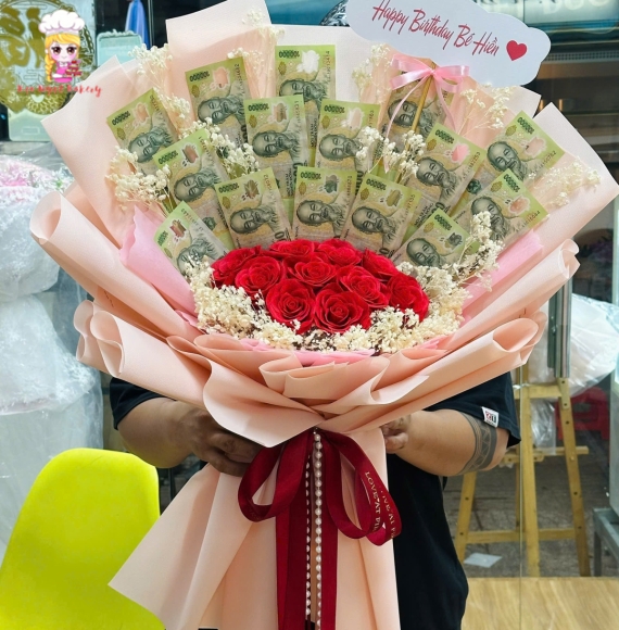 Hoa tiền 100k mix với hoa sáp tone hồng siêu hot 