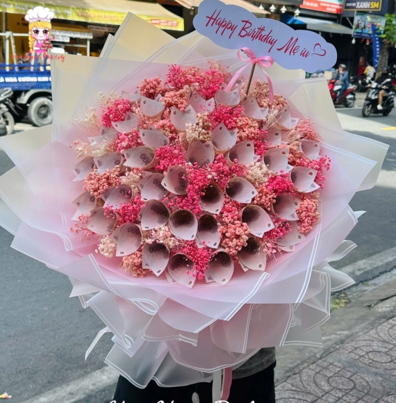 Bó hoa tờ 50k kết hợp hoa bi hoa 