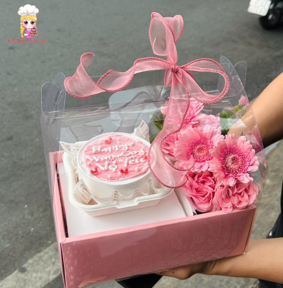 Sét bánh và hoa tặng 20/11 tone hồng đẹp 