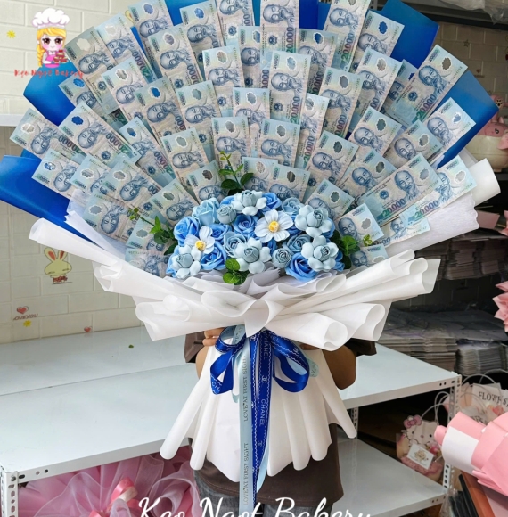 Bó hoa tiền tờ 20k kết hợp mẫu hoa sáp tone  xanh đẹp 