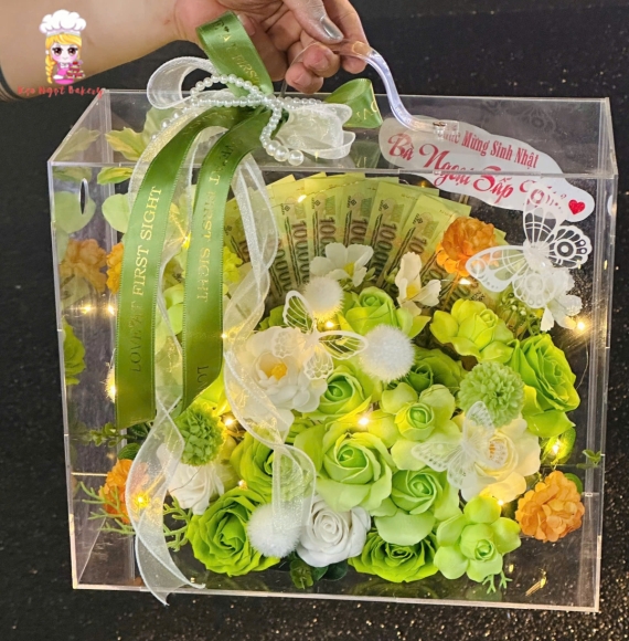 Giỏ hoa sáp tone xanh cây mẫu đẹp 