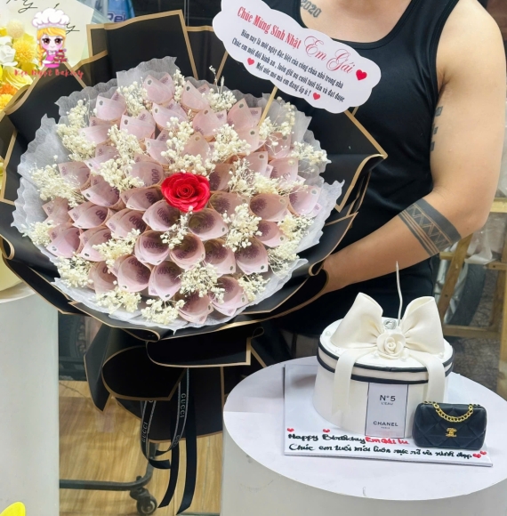 Combo hoa tiền kết hợp bánh kem nơ cho nữ 