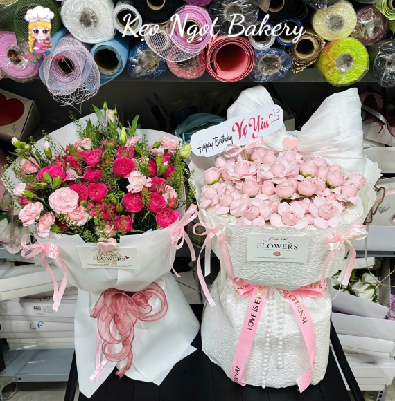 Combo hoa sáp tone hồng và hoa tươi đẹp 