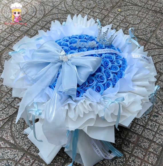 Mẫu hoa sáp đẹp khổng lồ tone xanh dương kèm nơ to siêu xinh