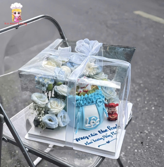 Bánh kem khai trương-bỏ hộp mica tone xanh