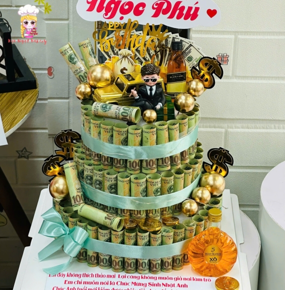 Bánh kem tiền 100k trang trí 3 tầng kèm nơ 