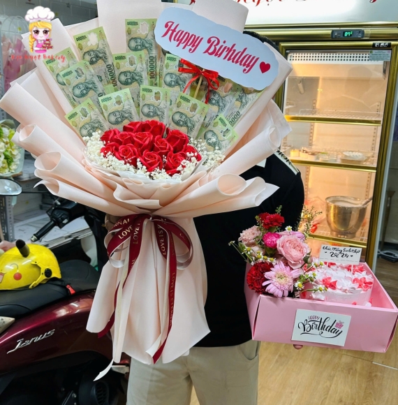 Combo hoa tiền kết hợp với bánh kem khai trương hot 2026