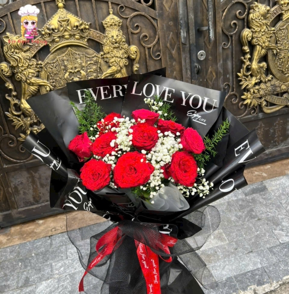 Bó hoa hồng phối hoa baby