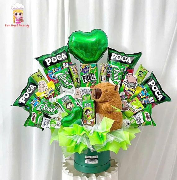 Sét quà bánh kẹo tone xanh kèm gấu
