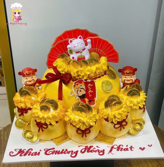 Bánh kem hủ vàng mừng khai trương mèo thần tài