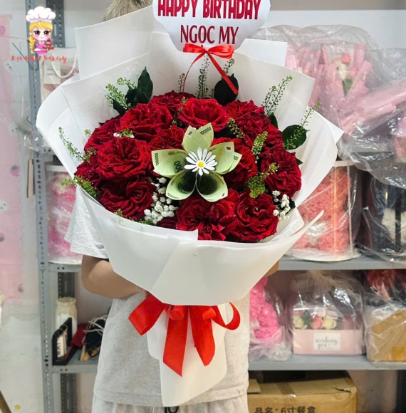 Hoa tiền kèm hoa tươi tờ 100k