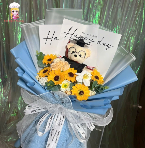 Mẫu hoa tốt nghiệp hot hoa hướng dương kèm gấu