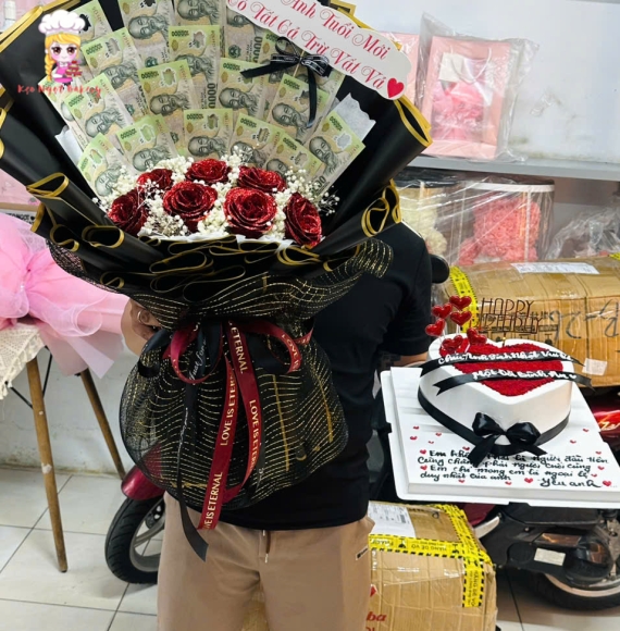 Bó Hoa Tiền tờ 100k kèm bánh