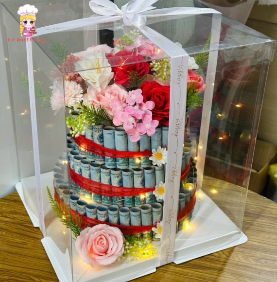Tháp tiền bánh sinh nhật tờ 20k