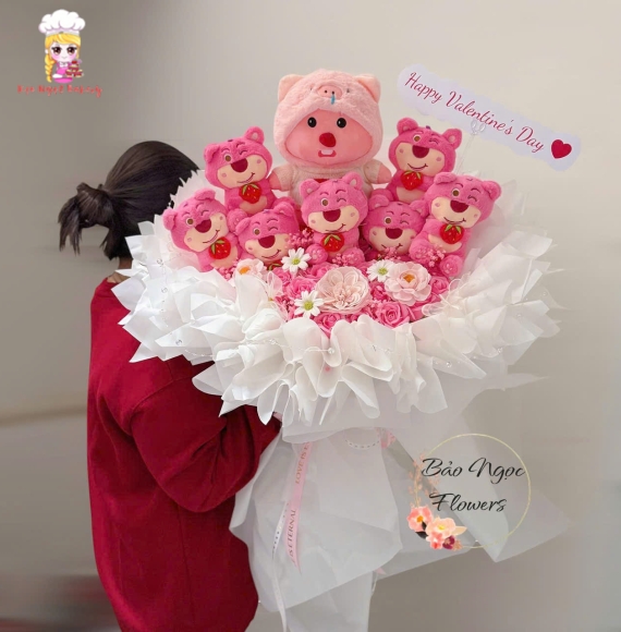 Hoa sáp tone hồng kèm gấu bông