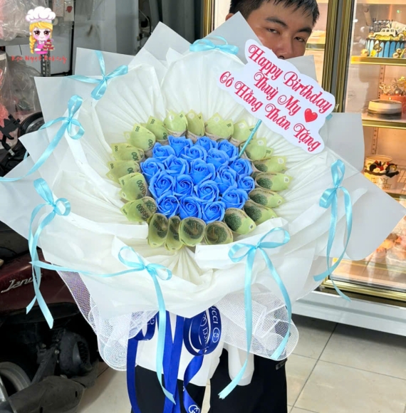 Hoa tiền kèm hoa sáp tone xanh dương