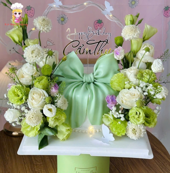 Bánh kem Nơ Luxury tone xanh kèm hoa tươi 