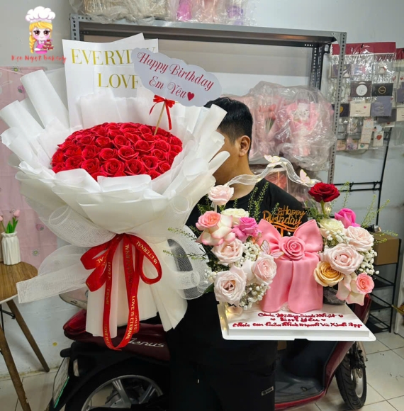 Combo hoa sáp và bánh sinh nhật nơ hồng