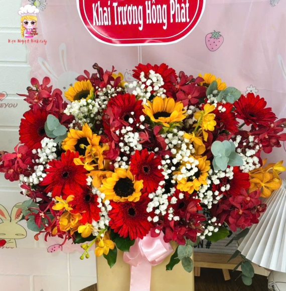 Giỏ hoa chúc mừng khai trương hoa hướng dương kết hợp đồng tiền
