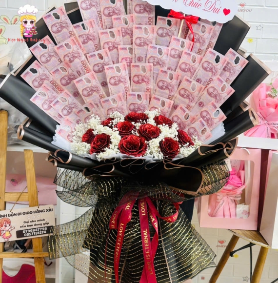 Hoa tiền tờ 50k xinh màu đỏ dễ thương