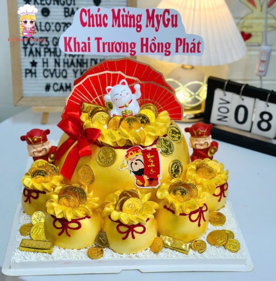 Bánh kem khai trương cao cấp kèm túi tiền tài lộc
