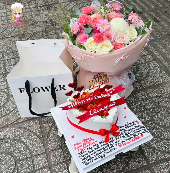 Combo hoa tươi và bánh kem tặng nữ