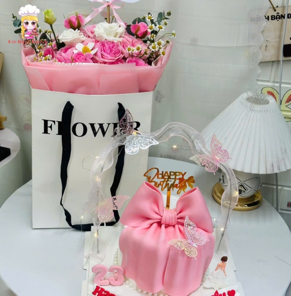 Combo hoa tươi bánh kem tone hồng