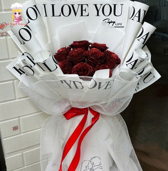 Mẫu bó hoa sáp tone đỏ kim tuyến bling bling