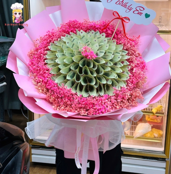 Bó hoa tiền tờ 100k mix với hoa bibi