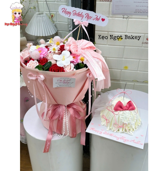Combo bánh kem và hoa tone hồng tặng người yêu 