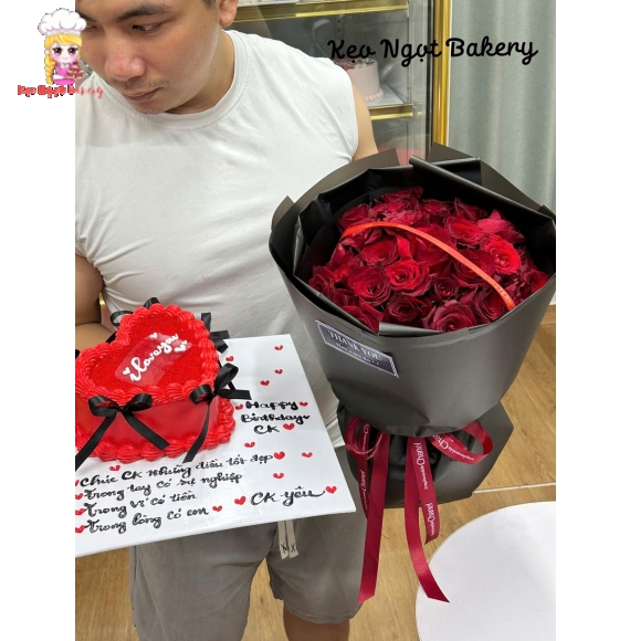 Combo bánh kem trái tim và hoa sáp tone đỏ siêu hot 