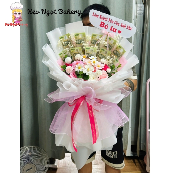 Mẫu hoa tiền 100k mix với hoa sáp 