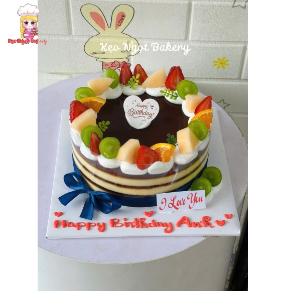 Bánh kem rau câu trang trí nhiêu loại trái cây 