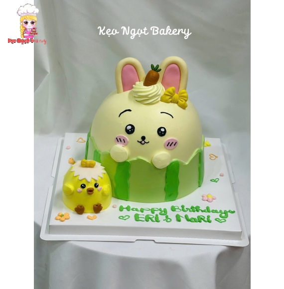 Bánh kem trang trí con thỏ tone xanh lá cây tặng các bé 