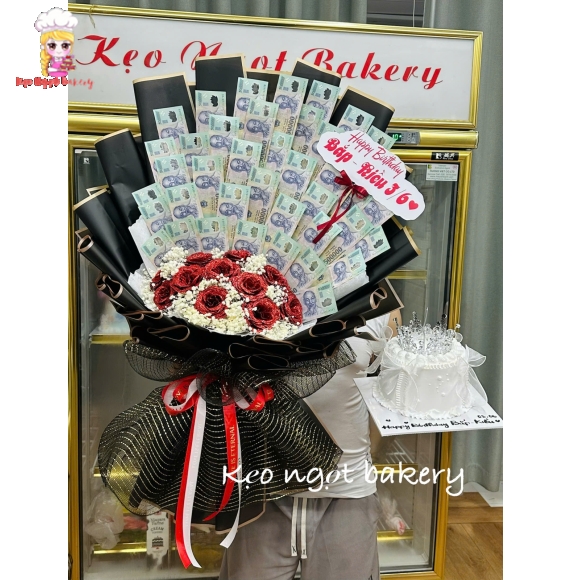 Combo hoa tiền 500k và bánh kem kim tuyến siêu hot 