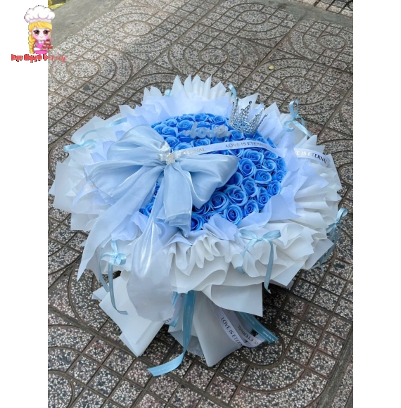 Mẫu hoa sáp đẹp khổng lồ tone xanh dương kèm nơ to siêu xinh