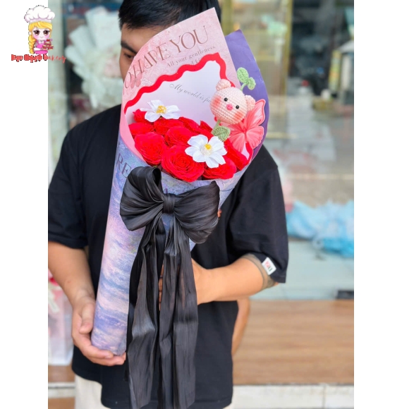 Bó hoa sáp cây kem tone đỏ