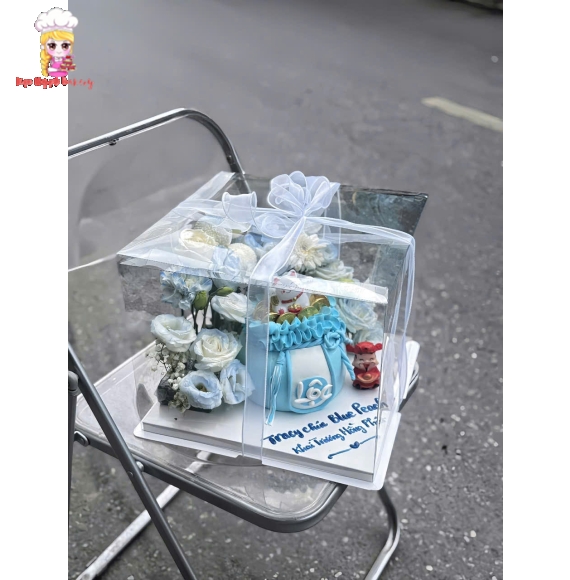 Bánh kem khai trương-bỏ hộp mica tone xanh