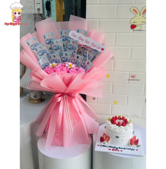 Combo hoa tiền và bánh kem tặng người yêu