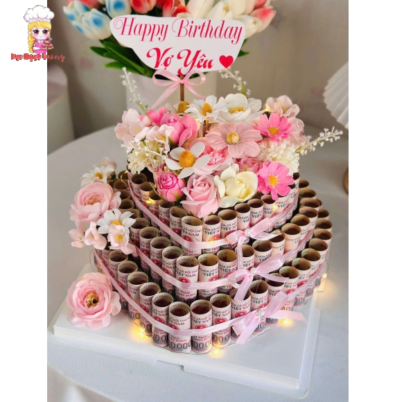 hoa trang trí 3 tầng bằng tờ 200k tặng vợ yêu