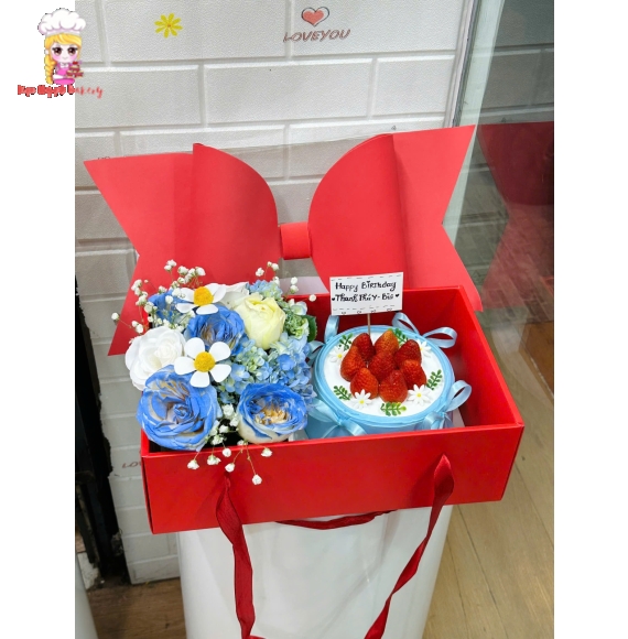 Combo hoa  và bánh kem và hoa kèm hộp có nơ