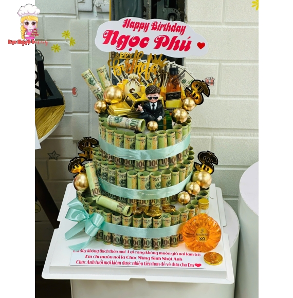 Bánh kem tiền 100k trang trí 3 tầng kèm nơ 