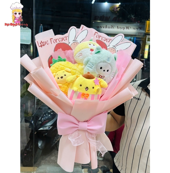 giỏ hoa gấu 4 siêu hot kem nơ hồng tại Kẹo Ngọt