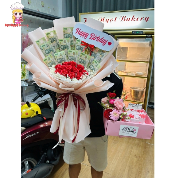 Combo hoa tiền kết hợp với bánh kem khai trương hot 2026