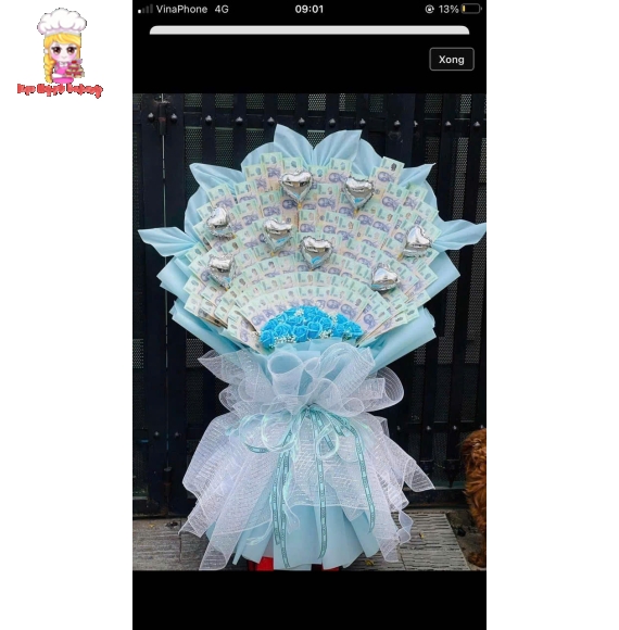 Bó hoa tiền mix bóng trái tim