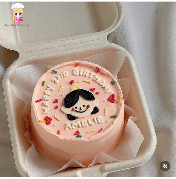 Bánh kem Hàn Quốc vẽ hình chibi đơn giản tone cam