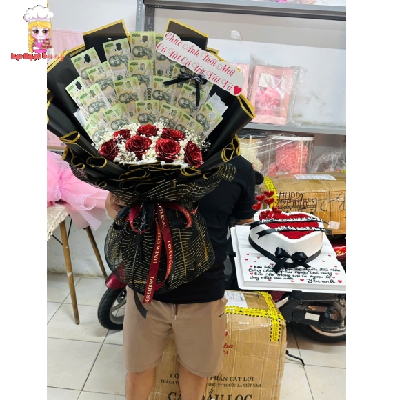 Bó Hoa Tiền tờ 100k kèm bánh