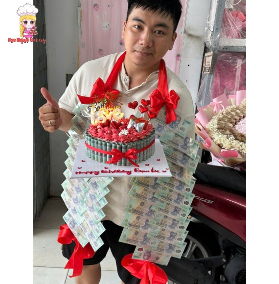 Bánh kem tiền thật, dây đeo tiền tặng bạn iu